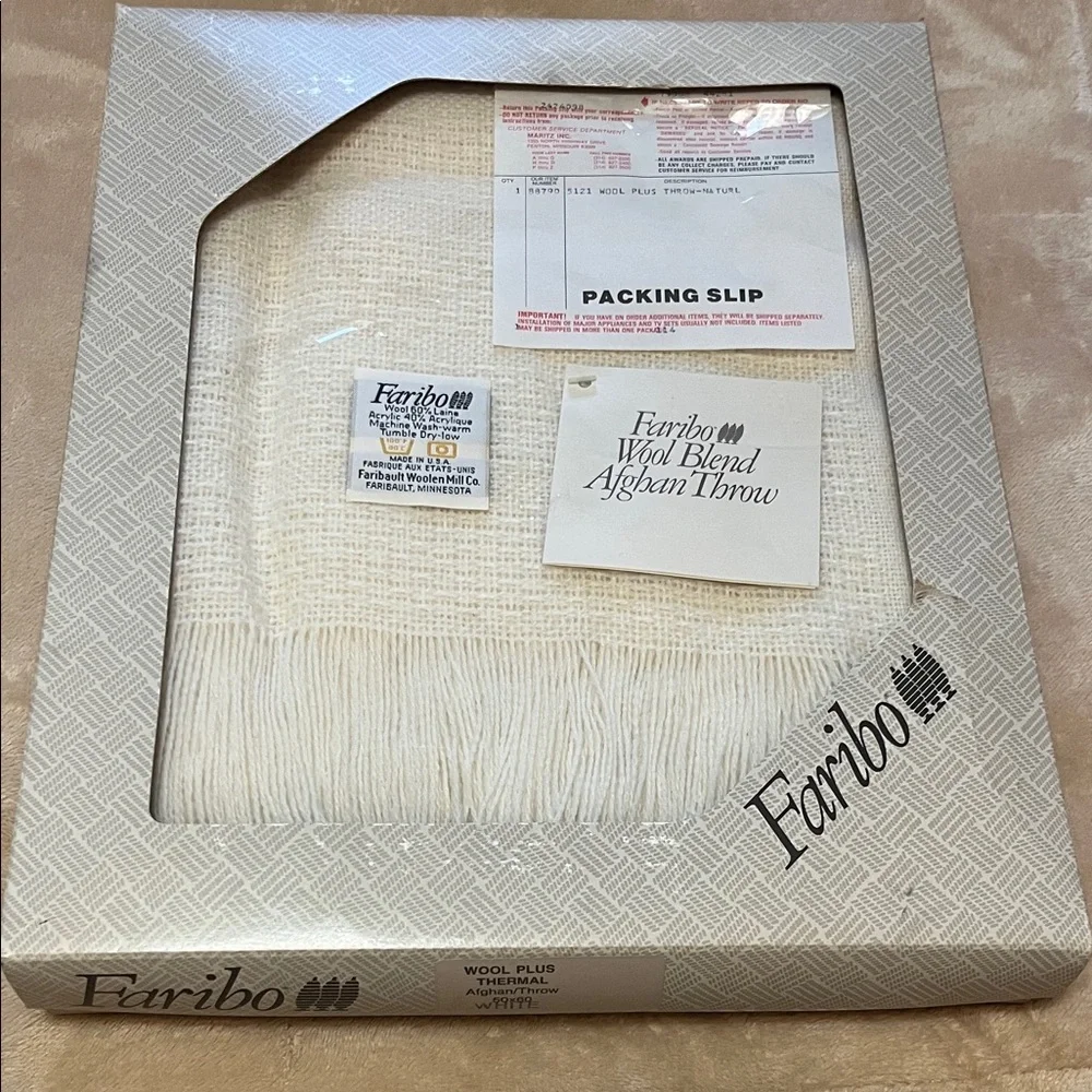Faribo Wool Plus Thermal Cream Afghan Loom Woven  Tassel 50x60 Faribault USA NEW